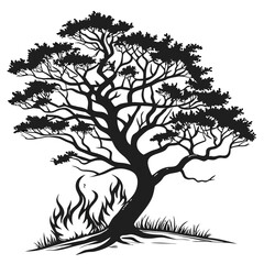 Obraz premium Silhouette of a Wispy Pine Tree with Flames at its Base