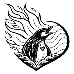 Obraz premium A Unique Penguin Heart Tattoo Design in Flames and Waves