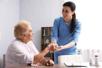 Nurse giving glass of water to senior woman indoors. Home health care service