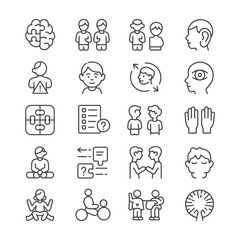 Fototapeta premium Collection of twenty black line icons depicting various aspects of human interaction communication and cognitive processes including brain puzzle pieces twins communication