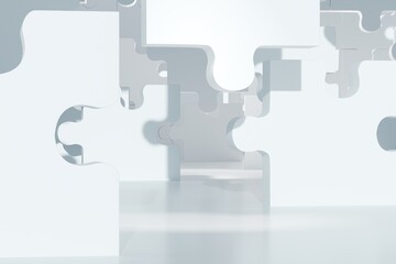 White podium pedestal on Sci-fi ackground with geometric shapes circle on one white floor and wall the platform for product presentation minimal style, copy space, abstract podium. 3d render.