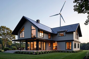 Obraz premium Sleek, Modern Home with Solar Panels and Wind Turbine Powering Innovative Air to Air Heat Pump System
