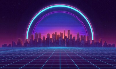 Retro futuristic cityscape at night with neon grid