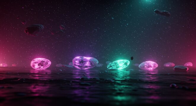 Glowing orbs floating on water at night
