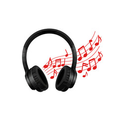 Sleek black headphones and flowing musical notes, suggesting audio enjoyment and sound.