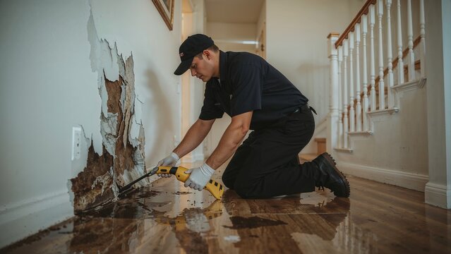 Man in uniform inspecting water damage on a wall, kneeling on a glossy wooden floor.