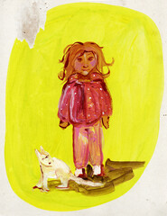 Little girl and her cat, gouache painting
