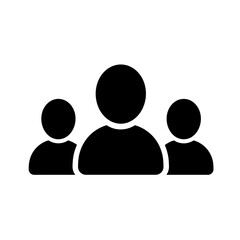 Simple black silhouette graphic of three people standing together.