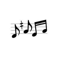 Musical notes are displayed on a staff, including a sharp symbol, arranged against a white background.