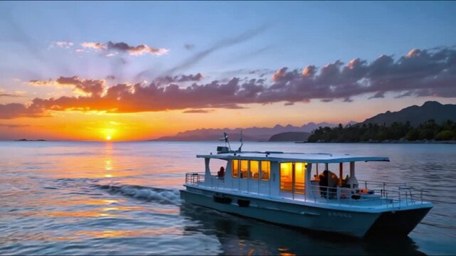 A boat navigating through calm waters with a scenic sunset in the background, featuring orange and pink hues in the sky.