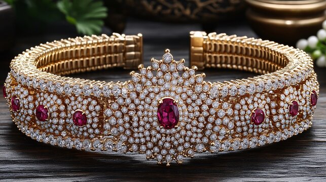 Diamond bracelet with ruby accents in gold

