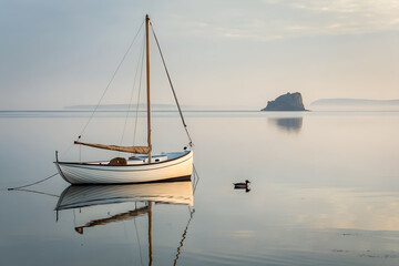 A tranquil sailboat anchored on calm, mirror-like water at dawn. This serene, minimalist seascape shows a perfect reflection, a misty island, and a lone duck generative ai