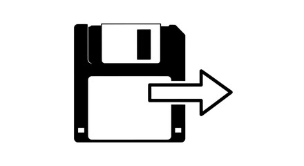 Obraz premium Black and white illustration of a floppy disk with an arrow pointing to the right.