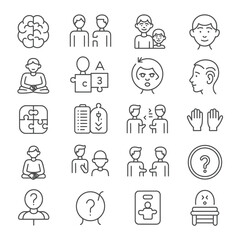 Fototapeta premium Collection of twenty line art icons depicting human communication collaboration problem solving meditation and thinking processes featuring simple black outlines on white background