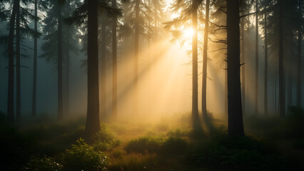 Golden Sunrays Breaking Through Forest Trees in Morning Mist