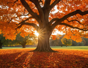 A serene autumn sunset illuminates a golden field with vibrant orange and red leaves under a large tree., autumn trees in the park