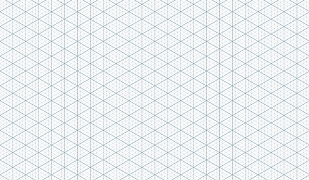 Grid isometric background with blue lines. Isometric grid seamless triangle pattern. Checkered ruler for notebooks, technical or architectural drawings. Vector pattern on white background