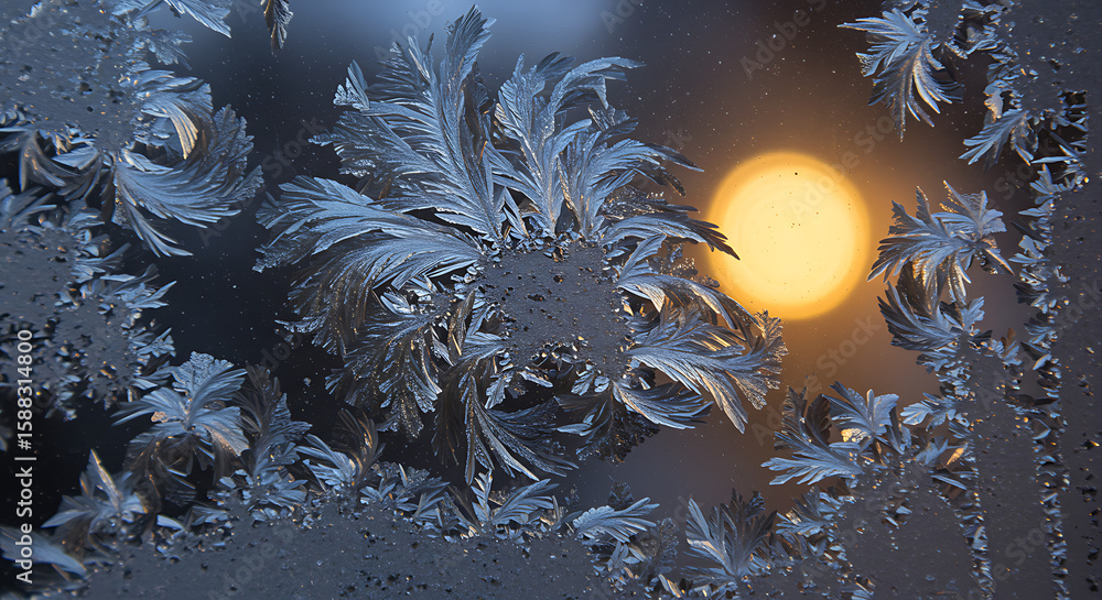 Poster intricate natural frost patterns on a window pane, illuminated by a blurred warm light source in the