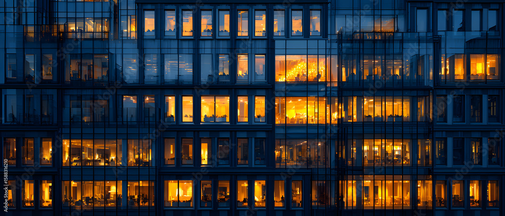 Poster building with many windows and a lot of light coming in. the windows are lit up and the building loo