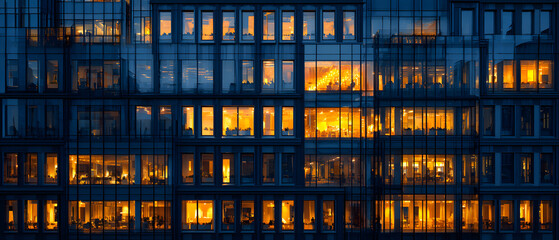 Building with many windows and a lot of light coming in. The windows are lit up and the building looks very modern