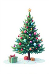 A festive and modern christmas tree illustration with a mint green color scheme, the tree should be positioned on the left side of the image