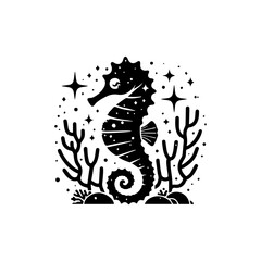 A seahorse with a glittery tail wrapped around coral 