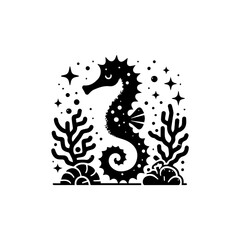 A seahorse with a glittery tail wrapped around coral 