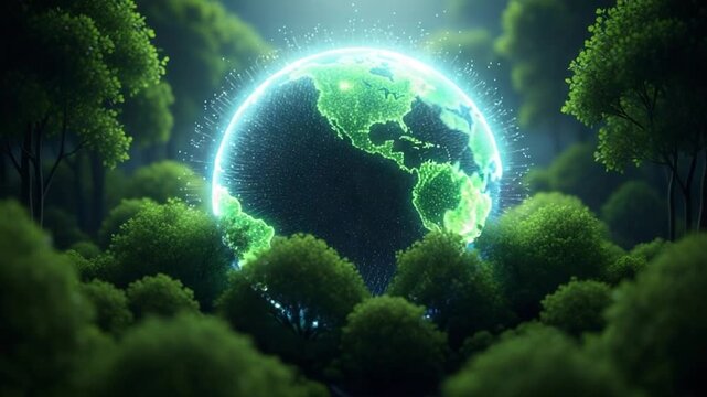 Glowing digital earth planet sphere surrounded by lush green forest trees with sparkling light particles representing environmental technology and global connectivity concepts 4K Ai HD video.
- Powered by Adobe