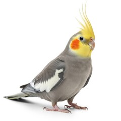 A striking cockatiel with a vibrant yellow crest and orange cheek patches stands proudly