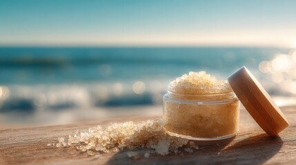 Beachside beauty reveals a jar of sugar scrub against a serene ocean backdrop, promoting relaxation and skincare.
