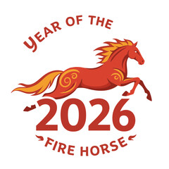 Fire Horse with 2026 and ‘Year of the Fire Horse’ Flat Badge Icon