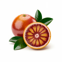 Blood Orange on White - Whole & Cross-Section with Red Flesh & Citrus Leaves