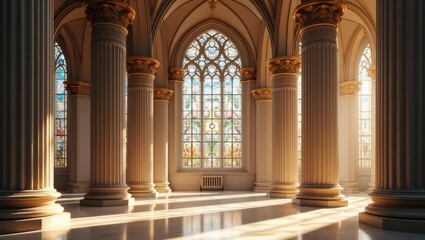 Spacious interior with tall columns and stained glass windows.