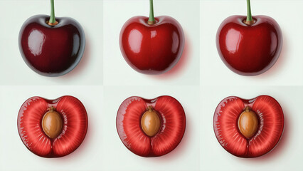 Fresh Cherries on White - Whole & Cross-Section Views with Glossy Red Texture