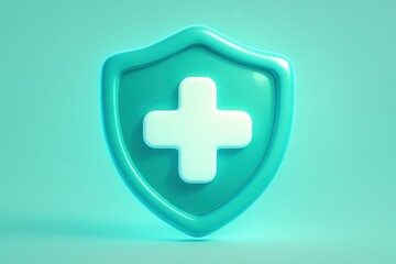 Obraz premium Health Shield: A 3D-rendered turquoise shield, emblazoned with a prominent white cross, epitomizes health protection, embodying medical safety and wellness in a clean, contemporary aesthetic.