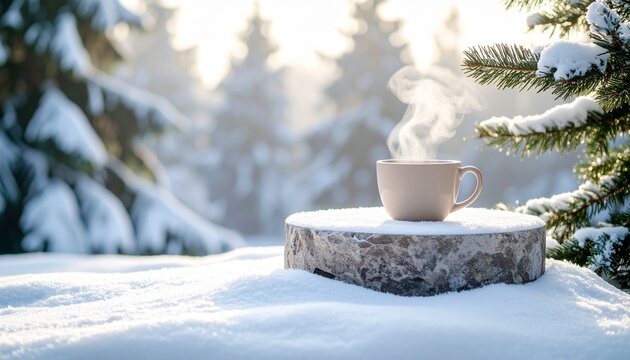 Steaming mug amidst snowy winter landscape - Powered by Adobe
