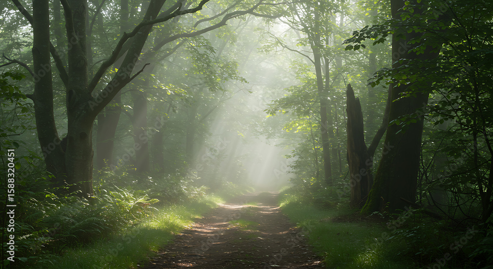 Poster a serene, misty forest path with sunlight filtering through tall green trees, creating an ethereal a