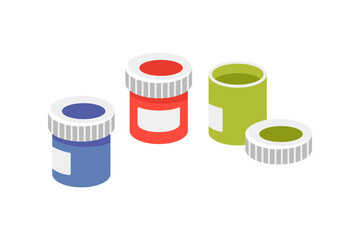 Gouache paints in jars set red, green, blue. Paint in bottles. Vector illustration Isolated on white background. Flat design.