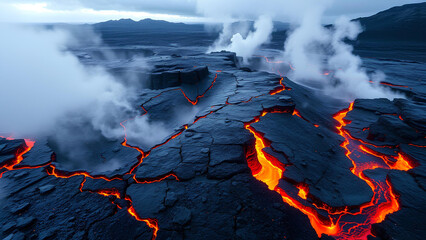 Volcanic Fault (16:9), Public Domain, Icelandic-Style Fissure with Fresh Lava Flows, Fissures Rising at Dawn, Panoramic View