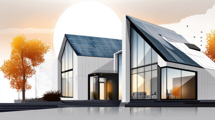 solar panels, photovoltaics roof of a house and a beautiful skyn. Alternative electricity source. Concept of sustainable resources. super modern, modernized and cozy house in the nature