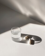 glass tumbler and pills on grey background with shadow, treatment concept, dietary supplements. copy space