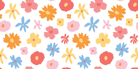 Pretty floral seamless pattern. Juicy summer and spring blossoms. Gentle feminine style. Cute doodle flowers. Childish pastel texture. Botanical background, ornament, wallpaper. Vector.