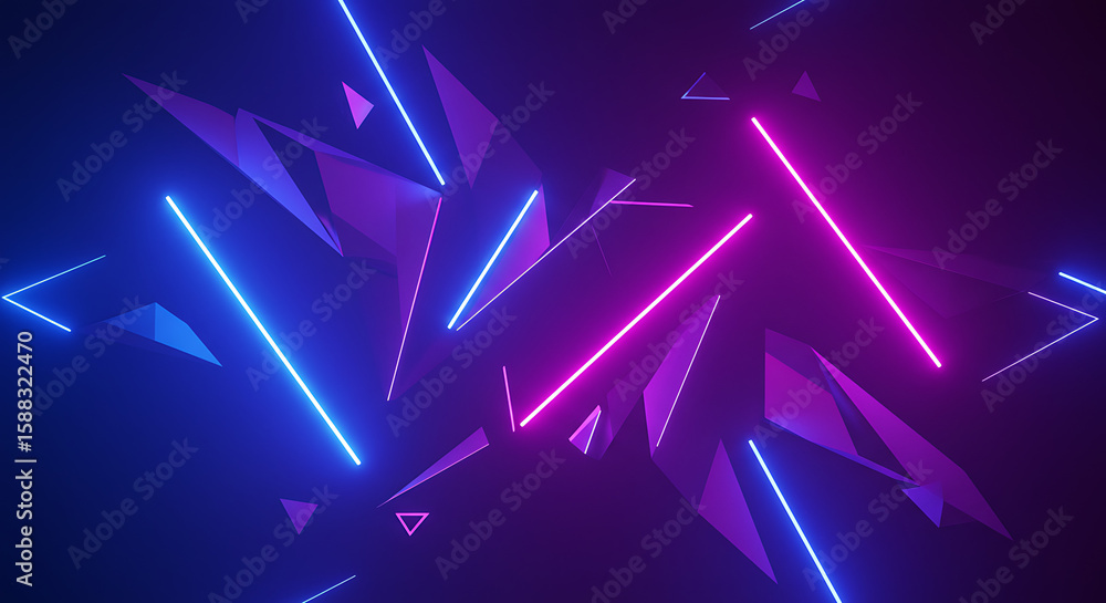 Poster abstract background with glowing neon pink and blue lines and sharp geometric shapes, creating a dyn