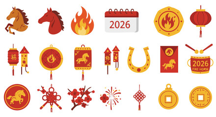 Set of 15 Flat Icons for 2026 Year of the Fire Horse on White Background