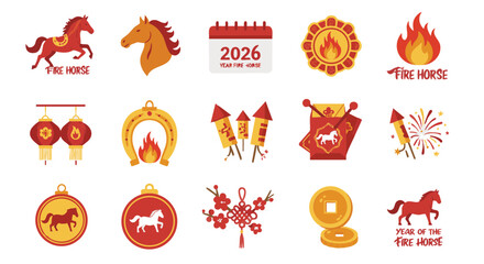 Set of 15 Flat Icons for 2026 Year of the Fire Horse on White Background