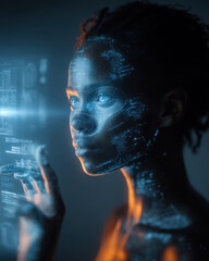 Woman interacting with futuristic AI interface. Portrait of a woman interacting with a digital AI interface. The scene highlights diversity and modern technology with glowing futuristic elements.