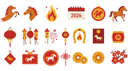 Set of 15 Flat Icons for 2026 Year of the Fire Horse on White Background