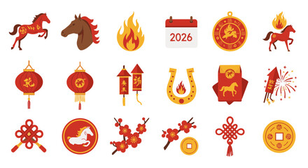 Set of 15 Flat Icons for 2026 Year of the Fire Horse on White Background