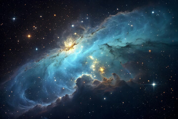 Obraz premium A majestic blue and gold nebula glows in the vastness of deep space. This celestial cosmic cloud of interstellar gas and dust is a stellar nursery for new stars generative ai