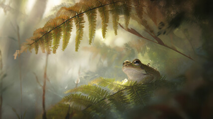 Green frog sitting on fern leaf. Defocused photo, bokeh background.
